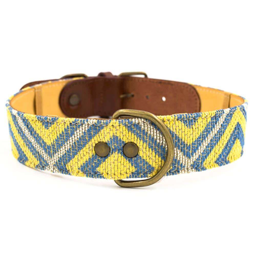 Hondenhalsband van leer en stof geel met groen