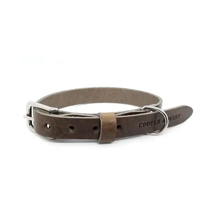 Halsband en riem set voor honden, No Fuss Halsband Hond Stone met zilverkleurige gesp en metalen ring. Uniek biologisch gelooid leer.